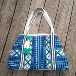 Summer Green Navy Woven Tassel Beach Tote Bag